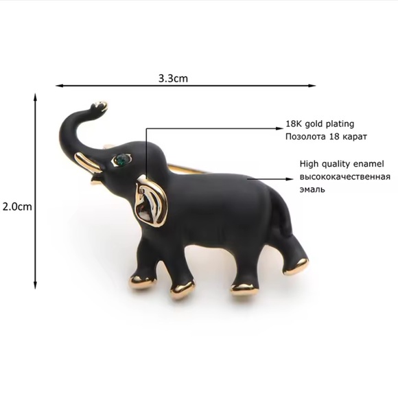 Elephant Black Gold Brooch with Green Eye - Picture 3 of 8